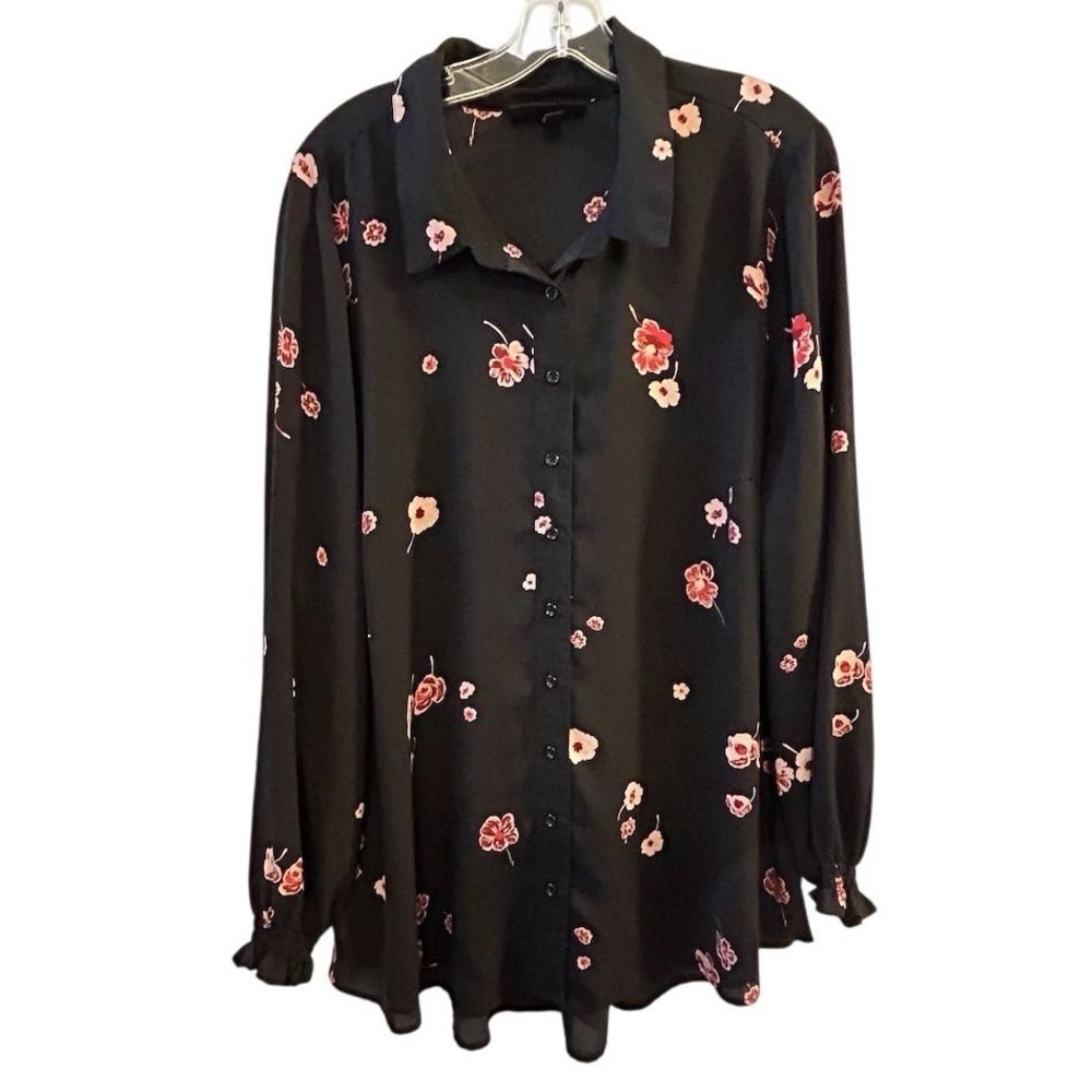 Lane Bryant Black Floral Button-Front Blouse